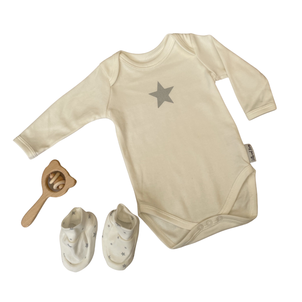 organic soft milk grey star baby grow dungaree outfit for new borns genderneutral sensitive skin