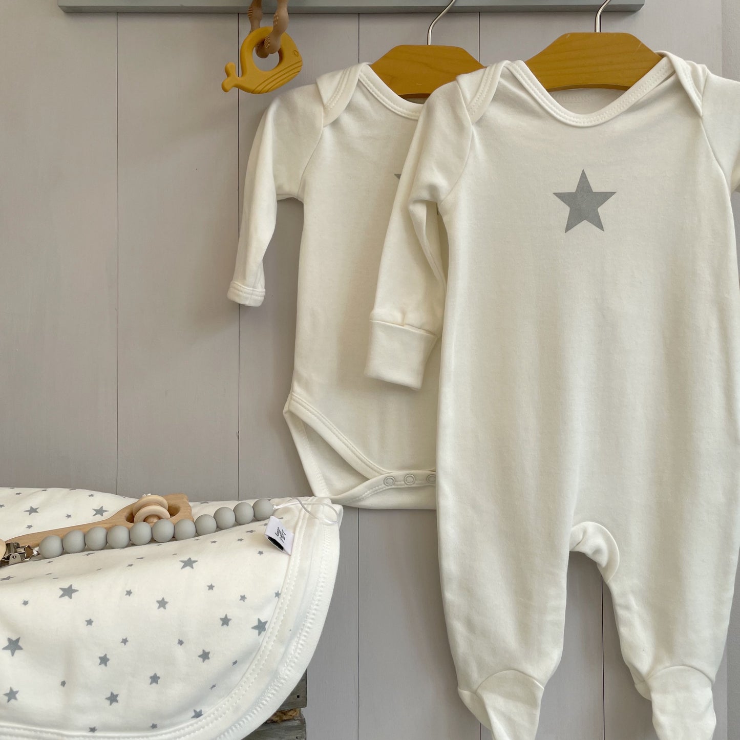 Long Sleeve Grey Star Baby Romper Dungaree in Milk White