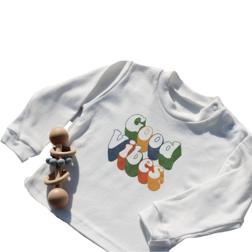 Retro Good Vibes Baby Top With Long Sleeves in White