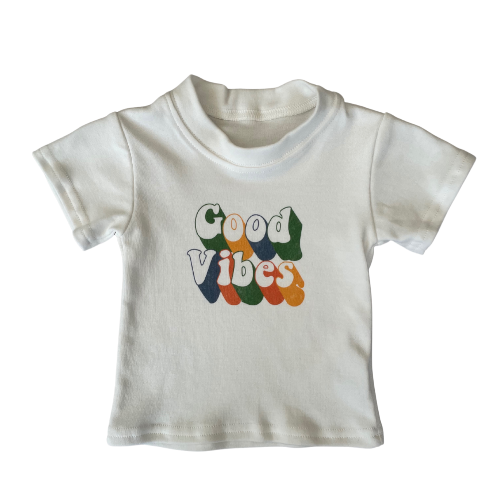 good vibes t-shirt for newborns and toddlers. good vibes retro wording on white tshirt.