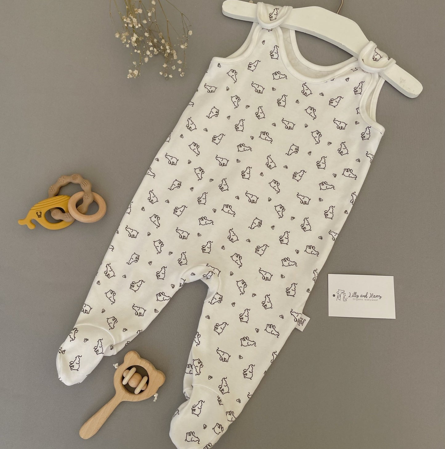 elephant and butterfly duo pattern dungaree romper with poppers for new born babies gift