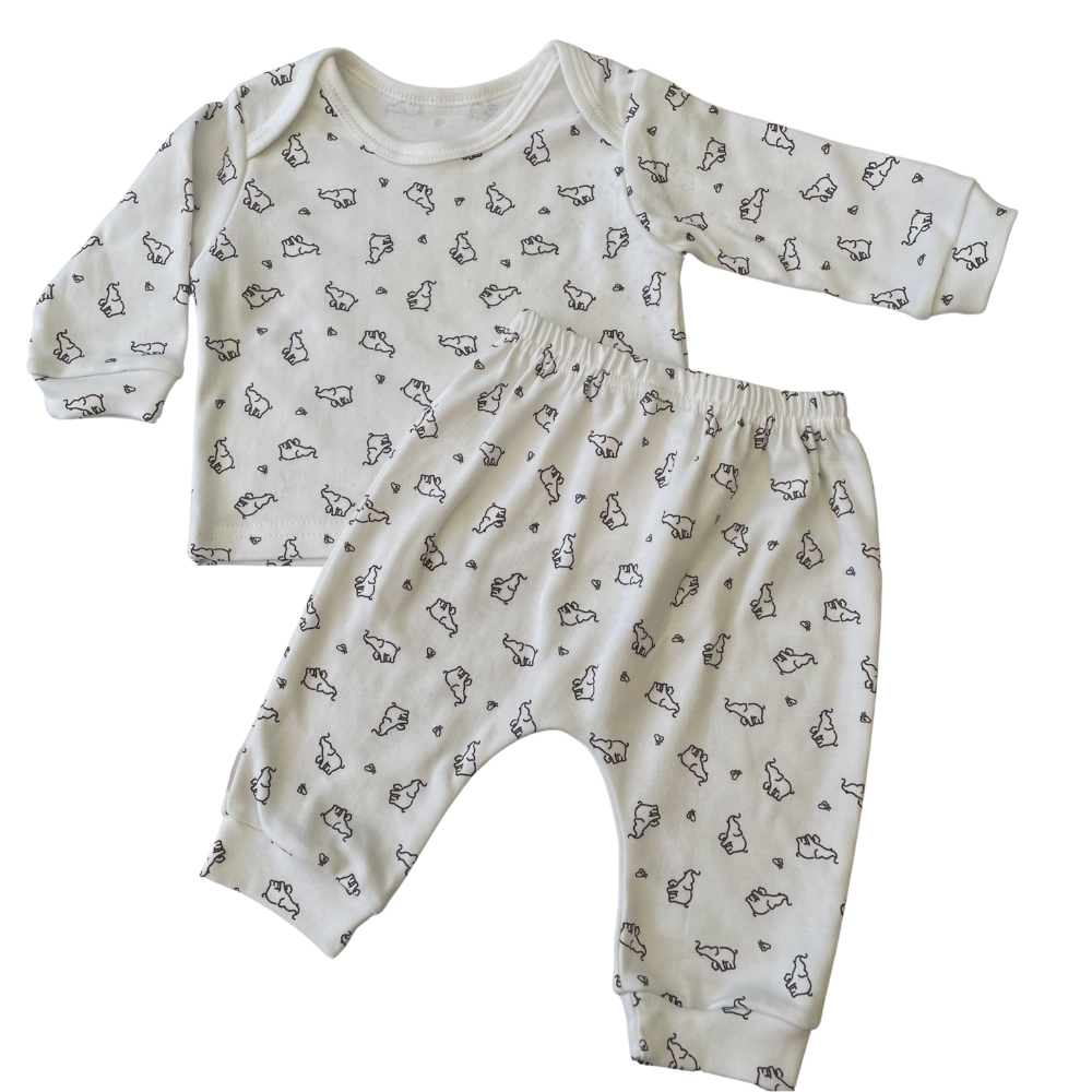 two piece pj lounge set for new born babies with elephant pattern - charcoal tone elephant print. super soft. new born baby shower gift