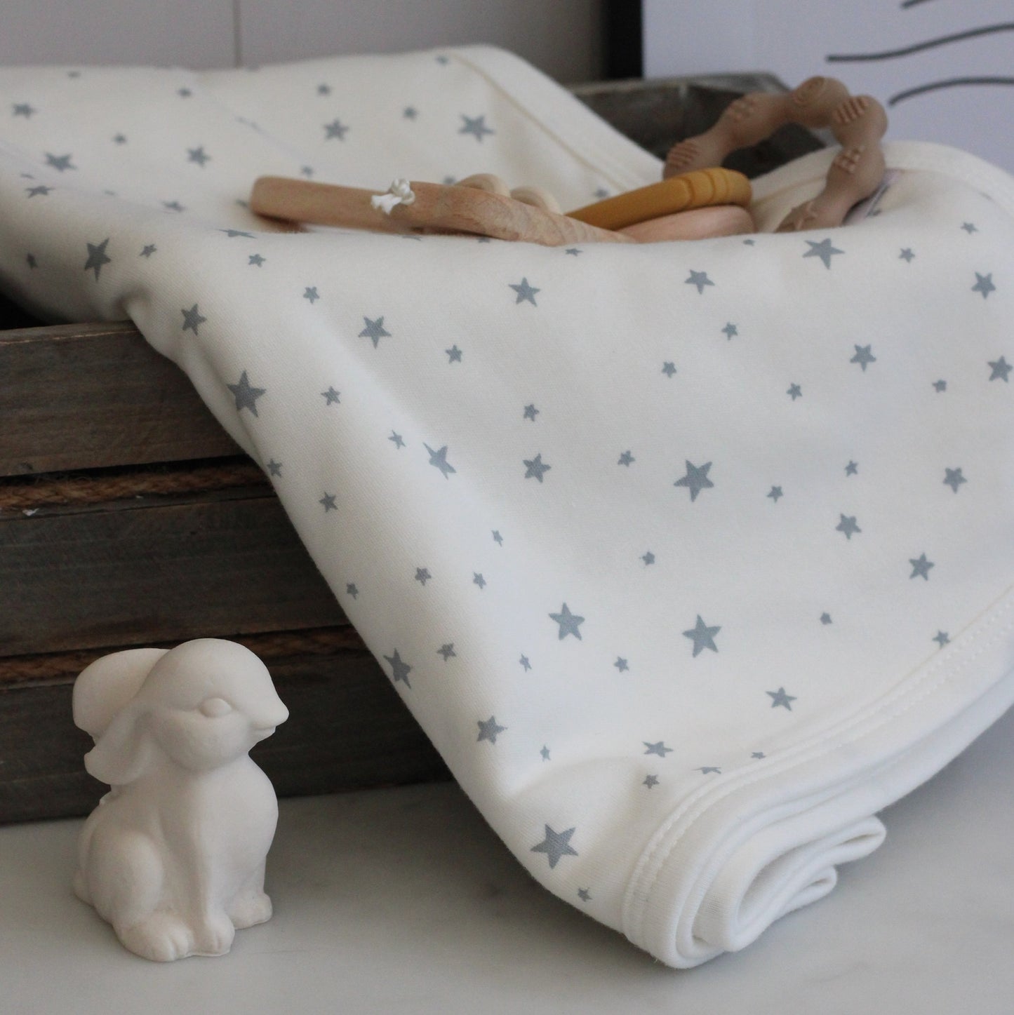 grey star baby blanket on milk white organic cotton - perfect gift for new born baby shower - first birthday