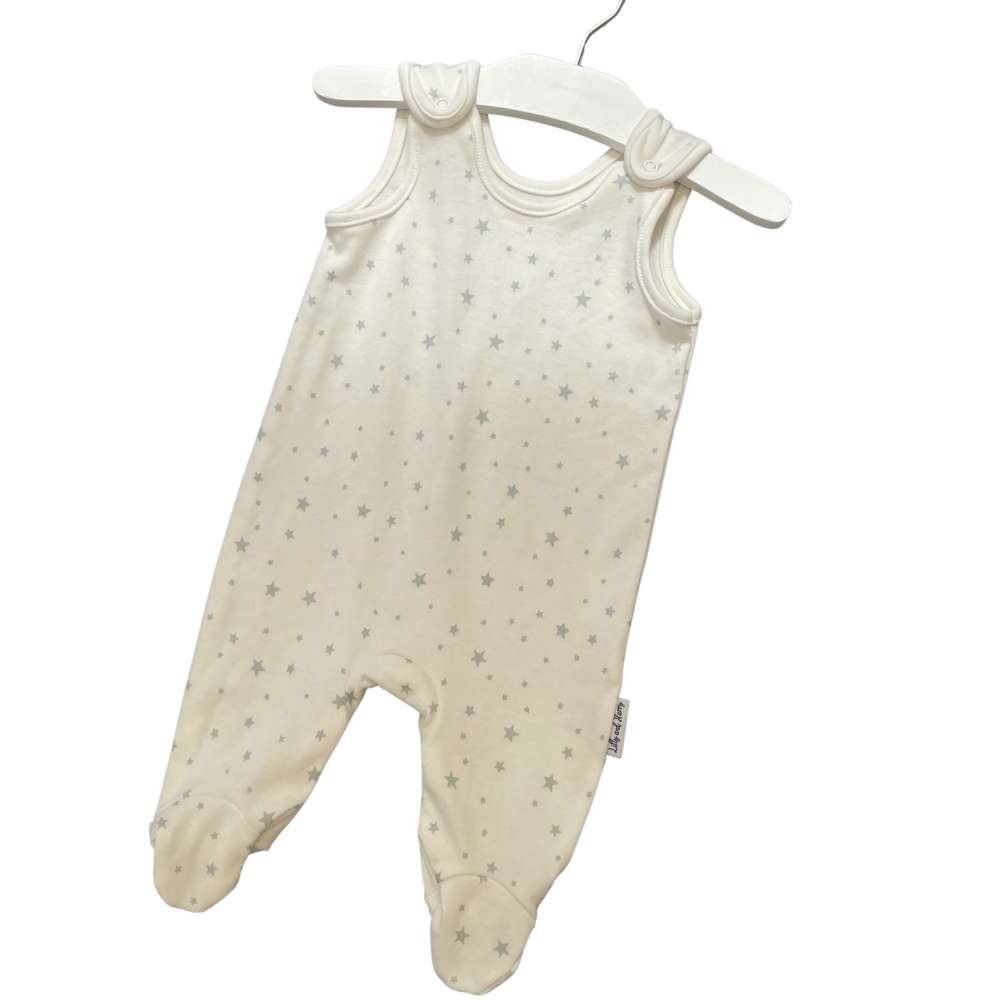 grey-silver star baby romper dungaree with feet and poppers for new born babies and toddlers - 100% organic cotton. first birthday gift for baby. baby shower gift.