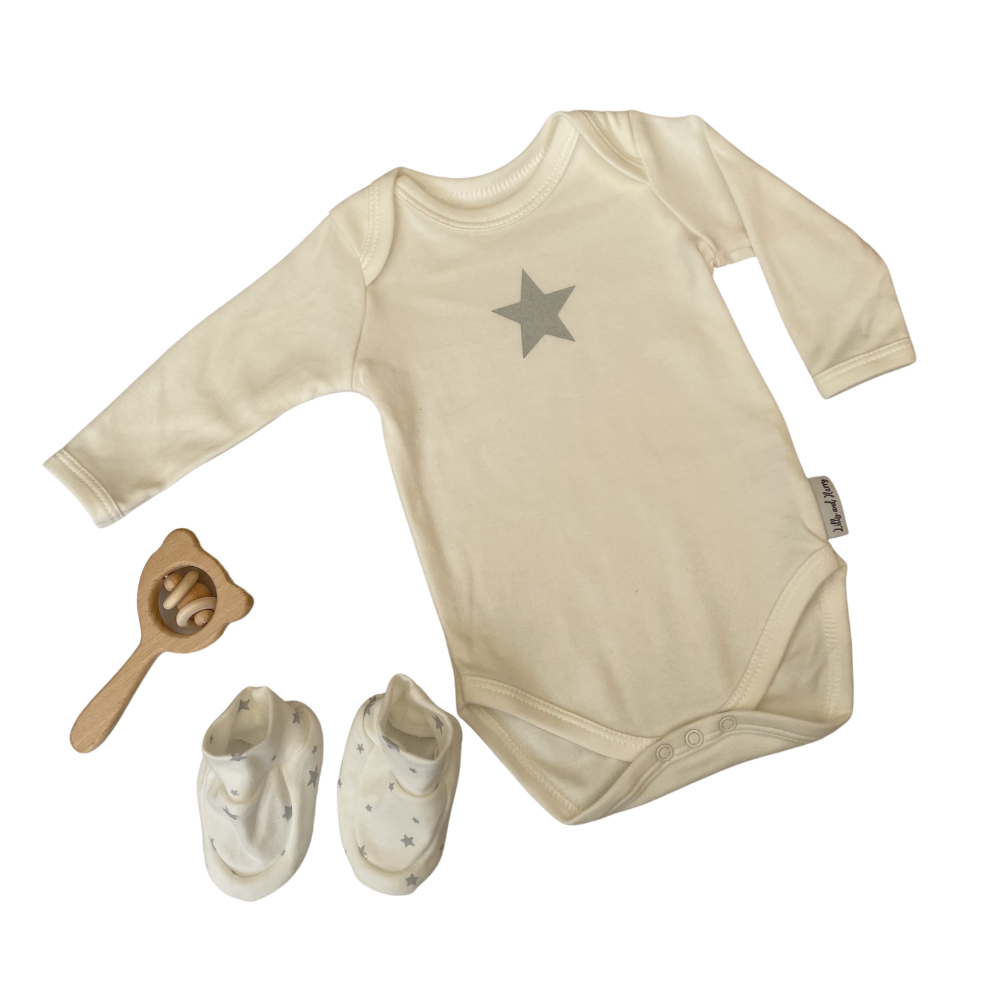 organic soft milk grey star baby grow dungaree outfit for new borns genderneutral sensitive skin 