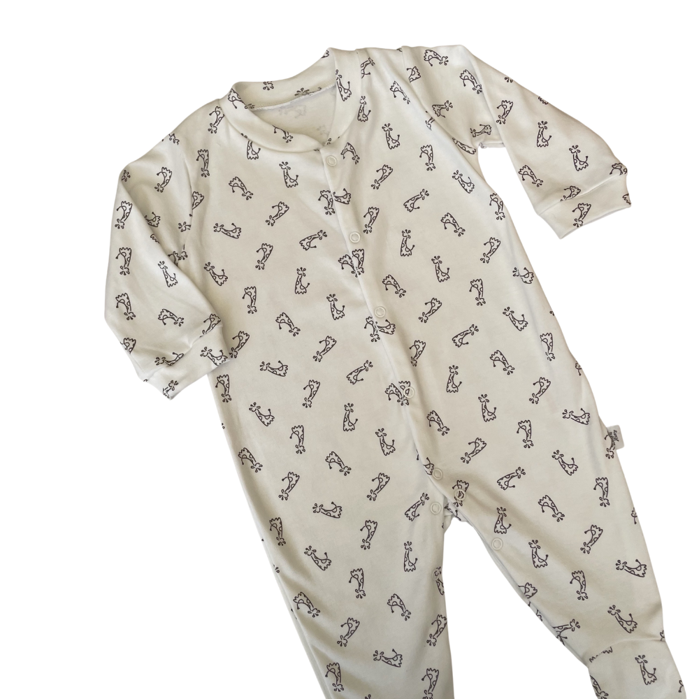 long sleeve baby romper sleep suit in white with delicate giraffe print - safari theme baby shower gift