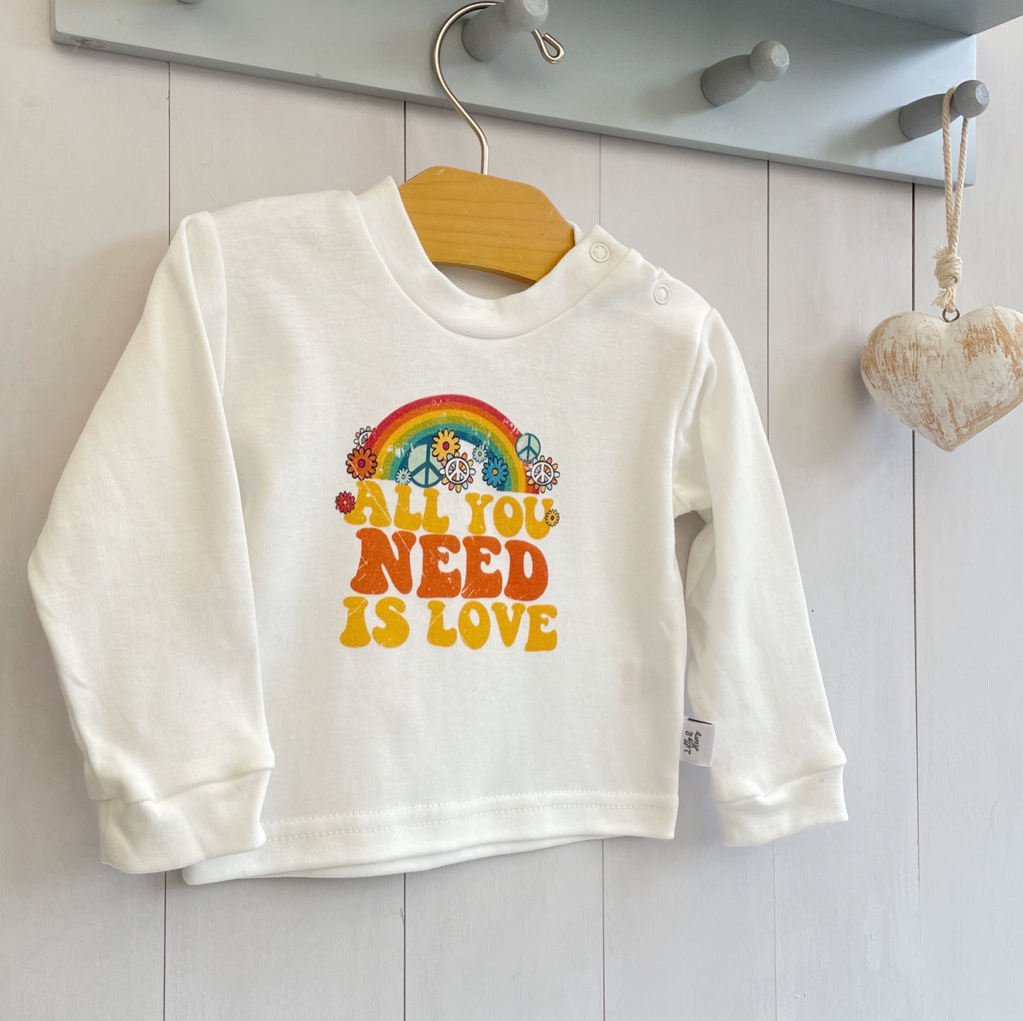 Retro All You Need Is Love Baby Top With Long Sleeves in White