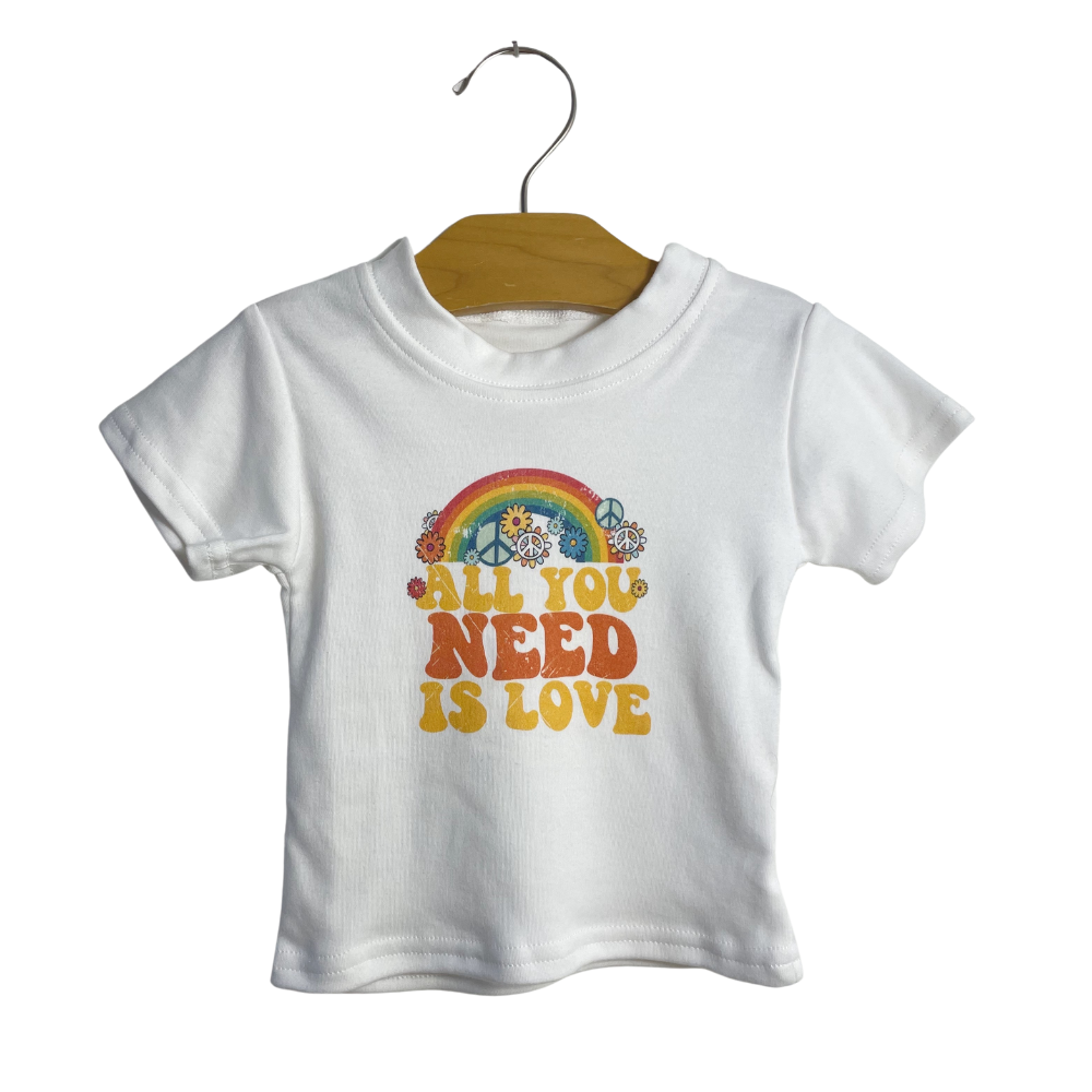 white all you need is love quote t-shirt for newborns. perfect baby shower gift for old souls and retro parents. 