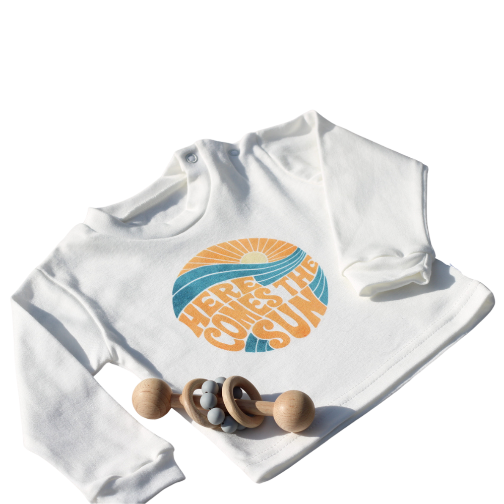 Retro Here Comes The Sun Baby Top With Long Sleeves in White