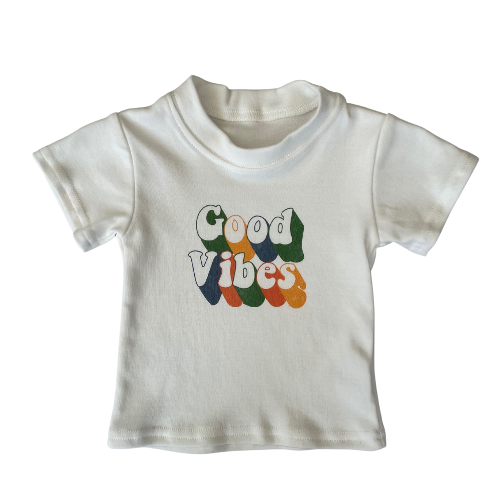 good vibes t-shirt for newborns and toddlers. good vibes retro wording on white tshirt. 