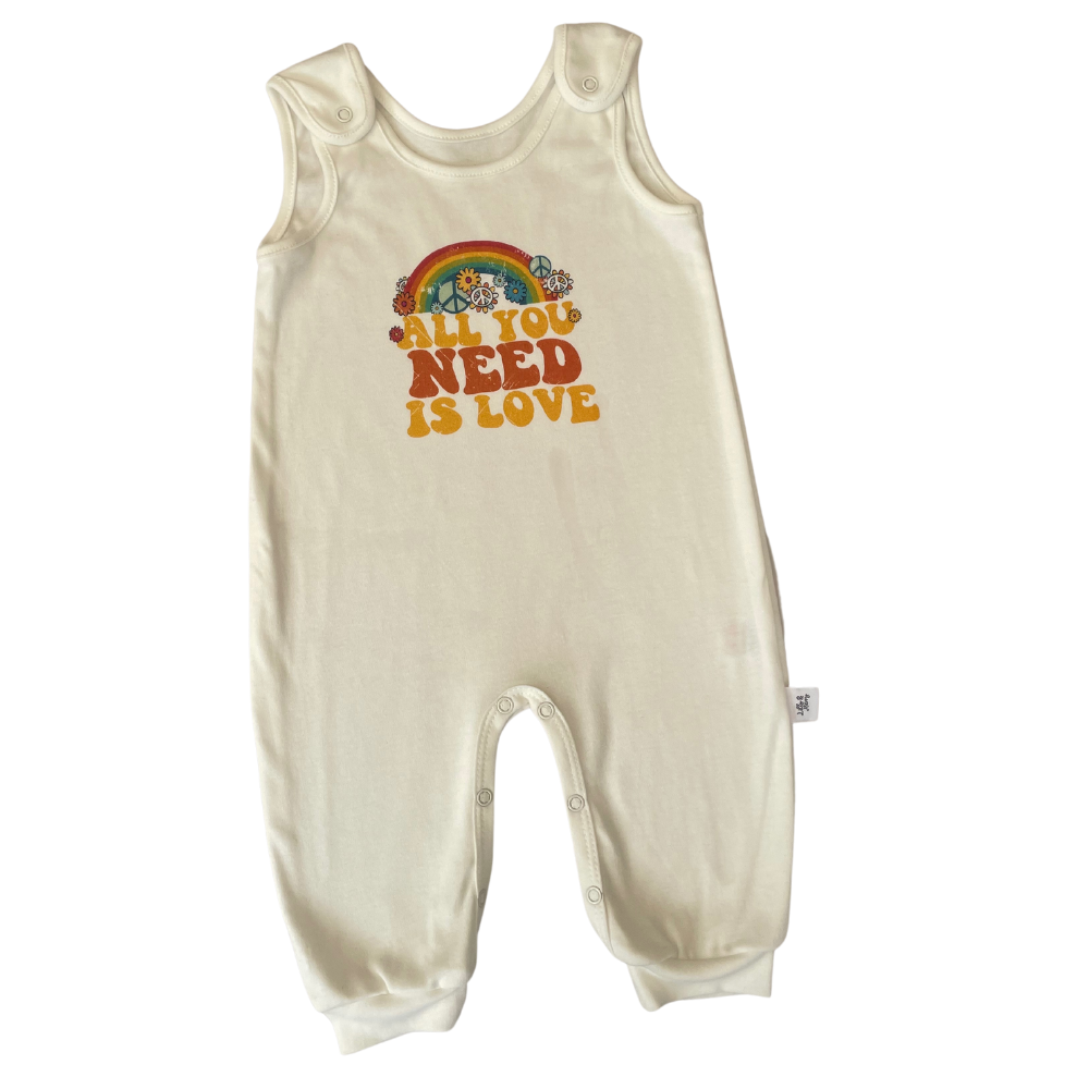 100% organic cotton baby romper with retro colour palette 'all you need is love' Beatles quote. perfect for baby shower gift.
