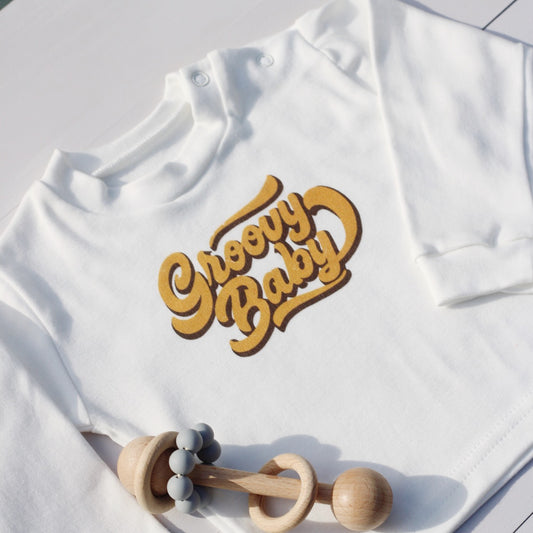 Retro Groovy Baby White 100% Cotton T-shirt with Poppers