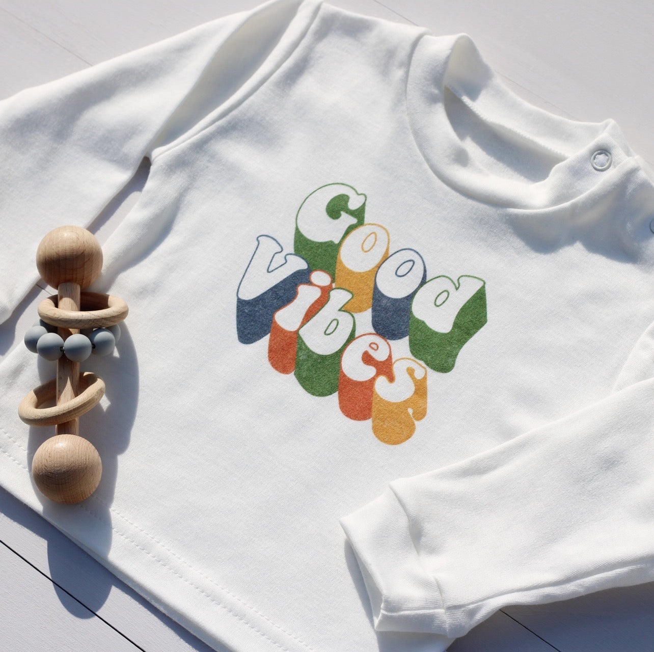 Retro Good Vibes Baby Top With Long Sleeves in White