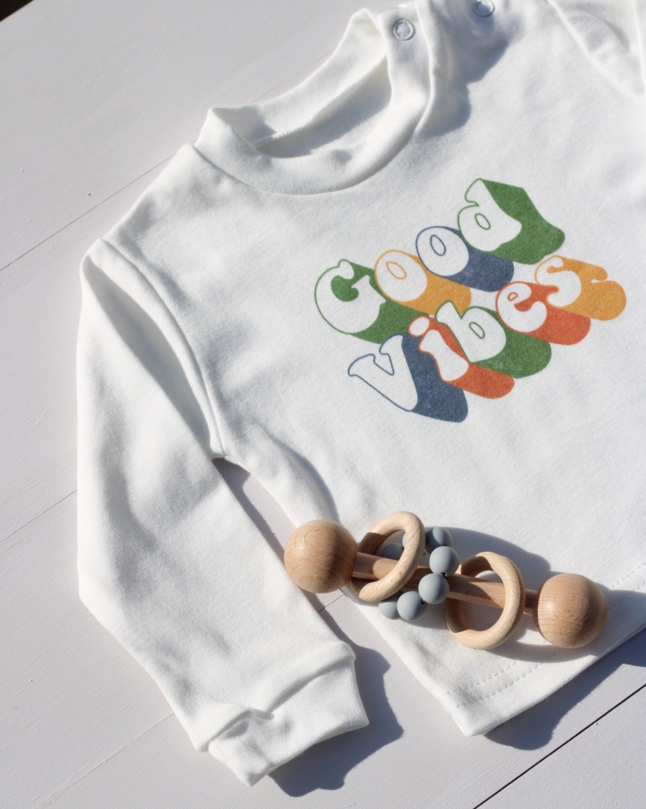 Retro Good Vibes Baby Top With Long Sleeves in White