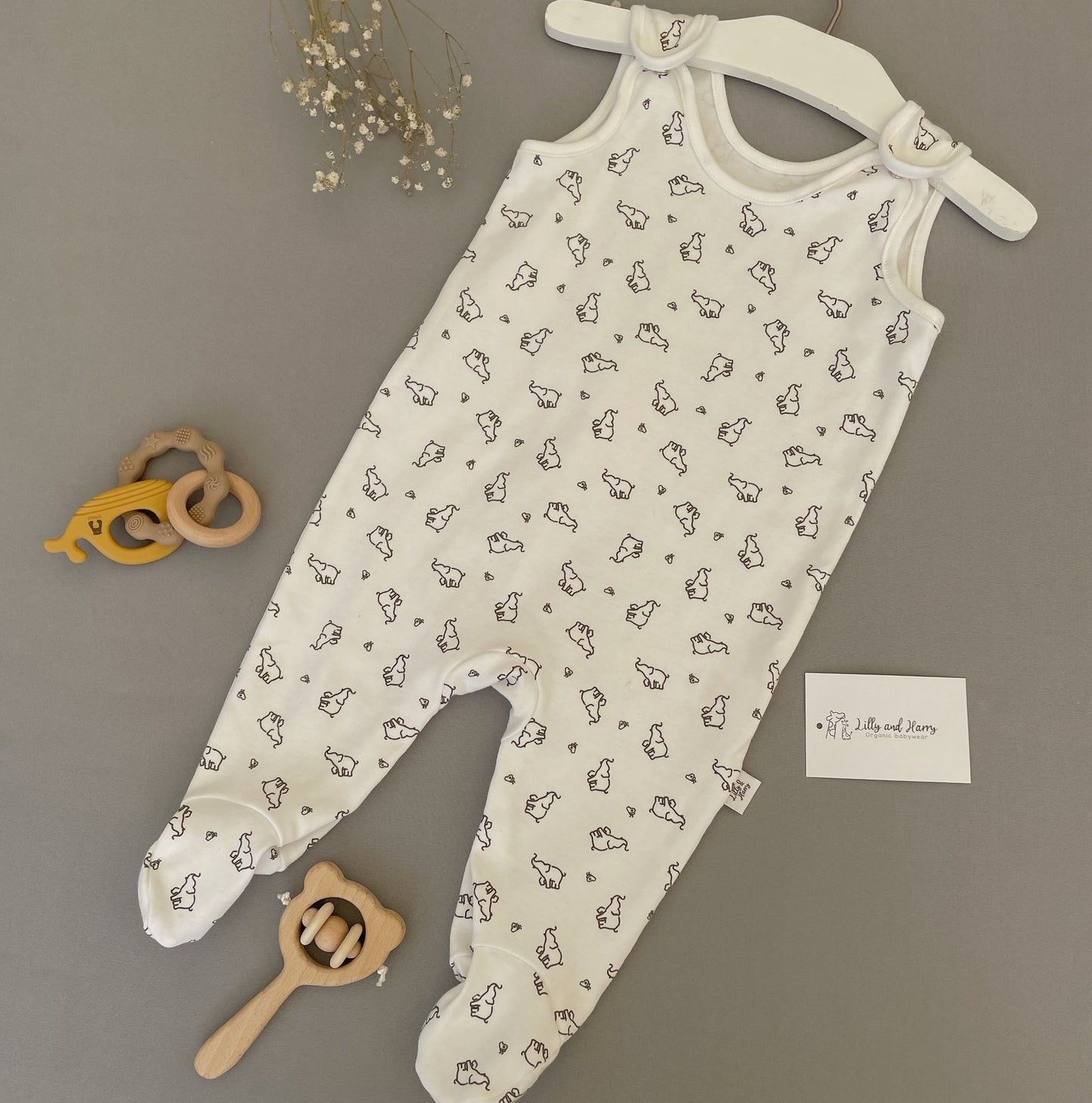 elephant and butterfly duo pattern dungaree romper with poppers for new born babies gift 