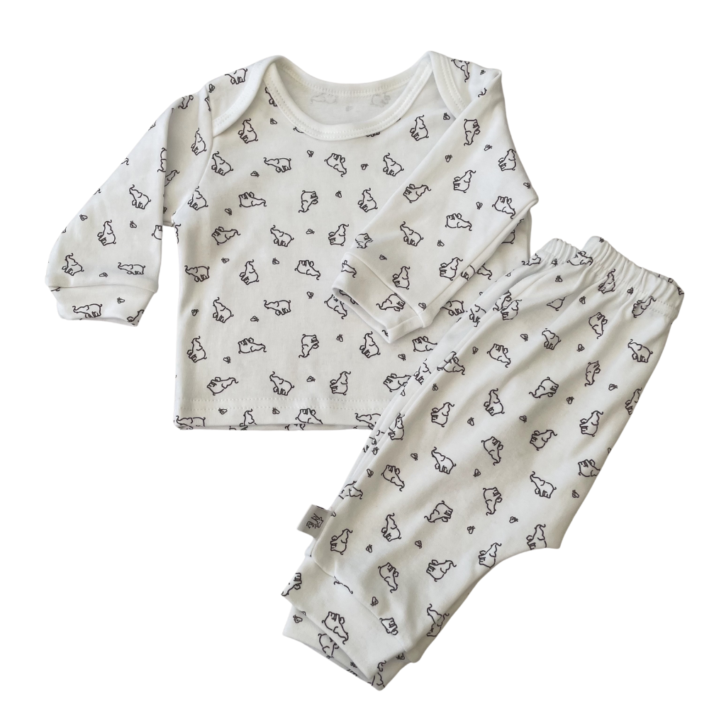 elephant lounge set pyjama for new born babies white organic cotton
