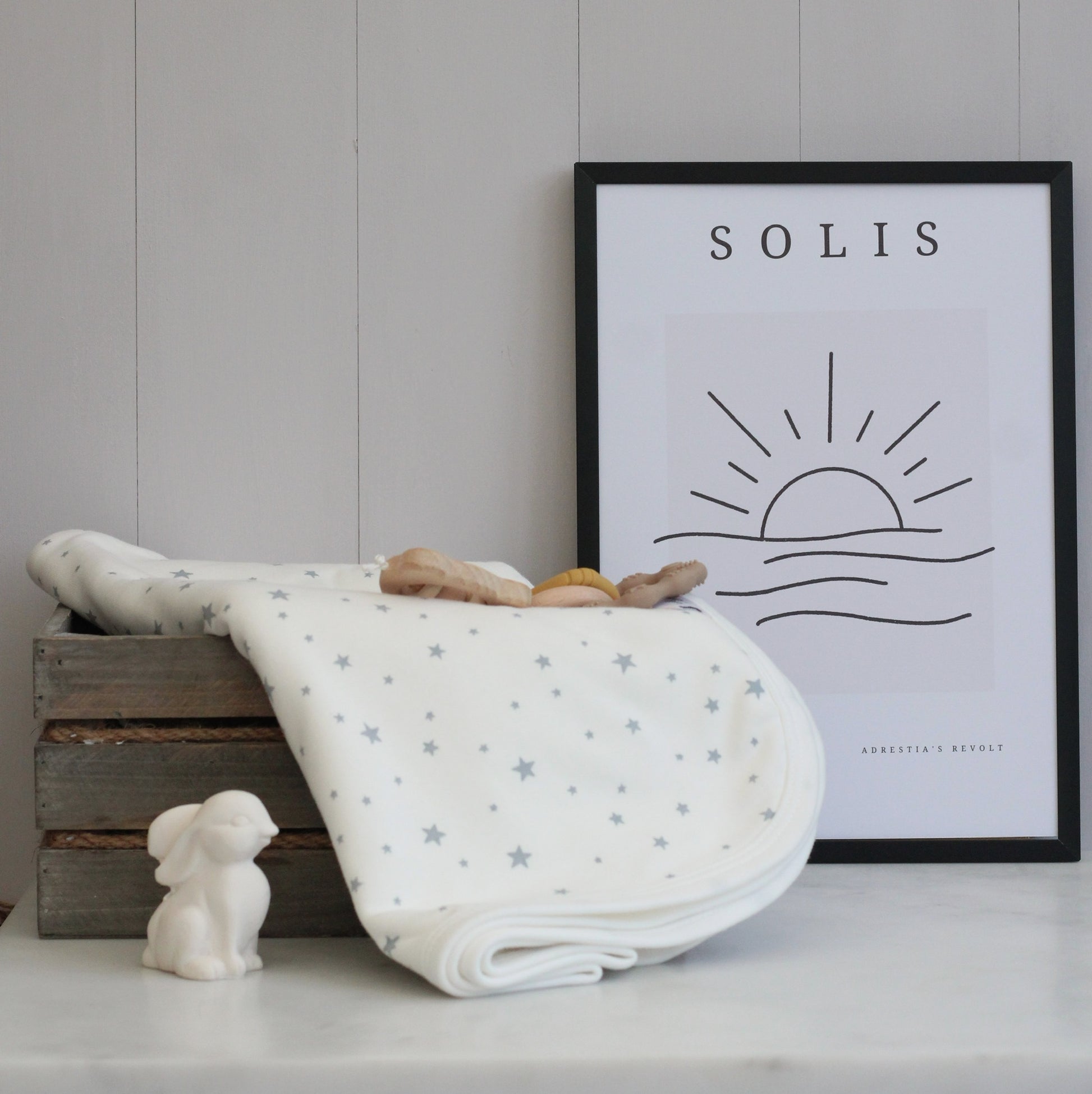 super soft organic baby blanket with grey stars - solis sun print for baby nursery from adrestiasrevolt.co.uk